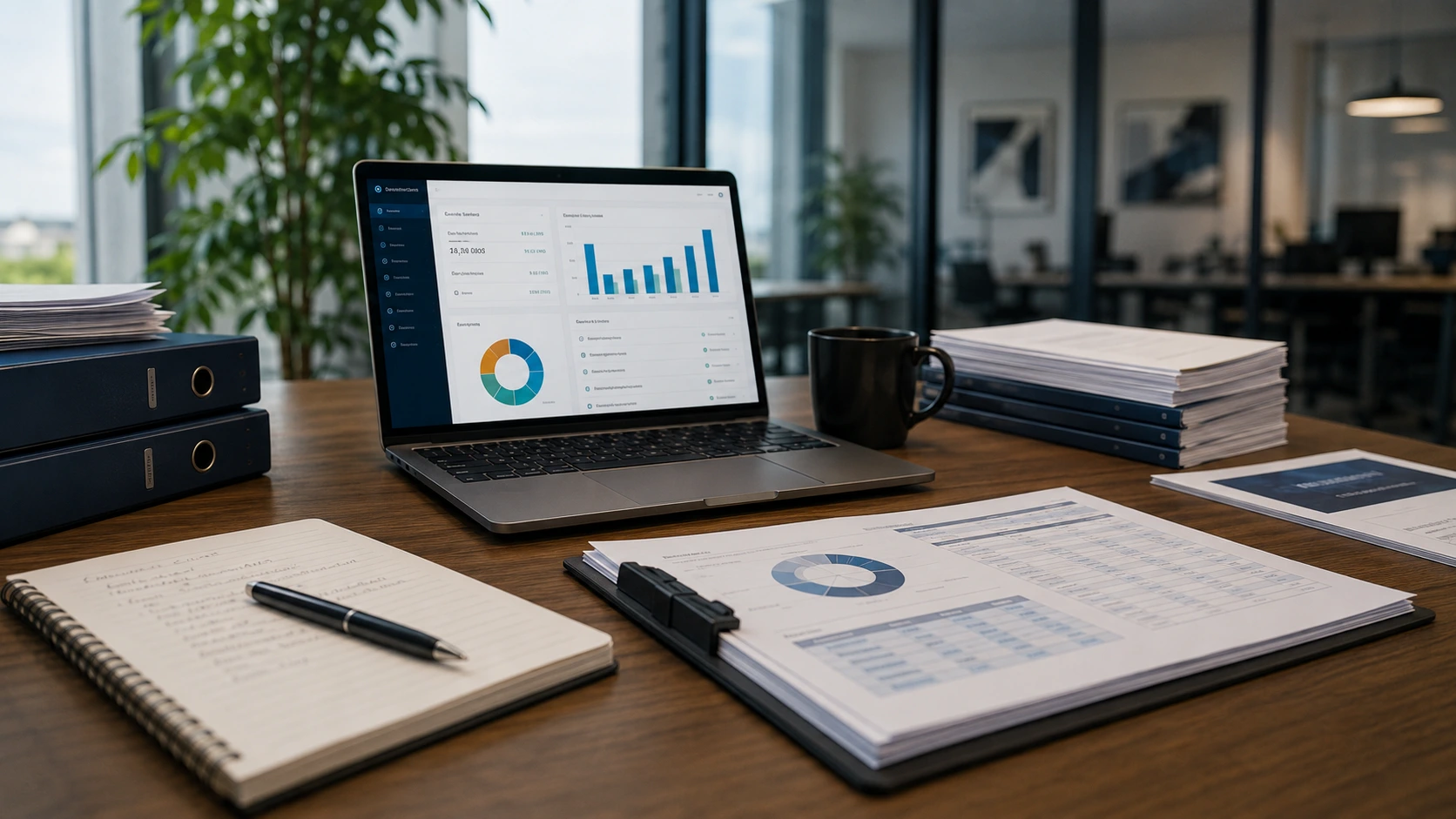 Business records and assurance review dashboard on an office desk.