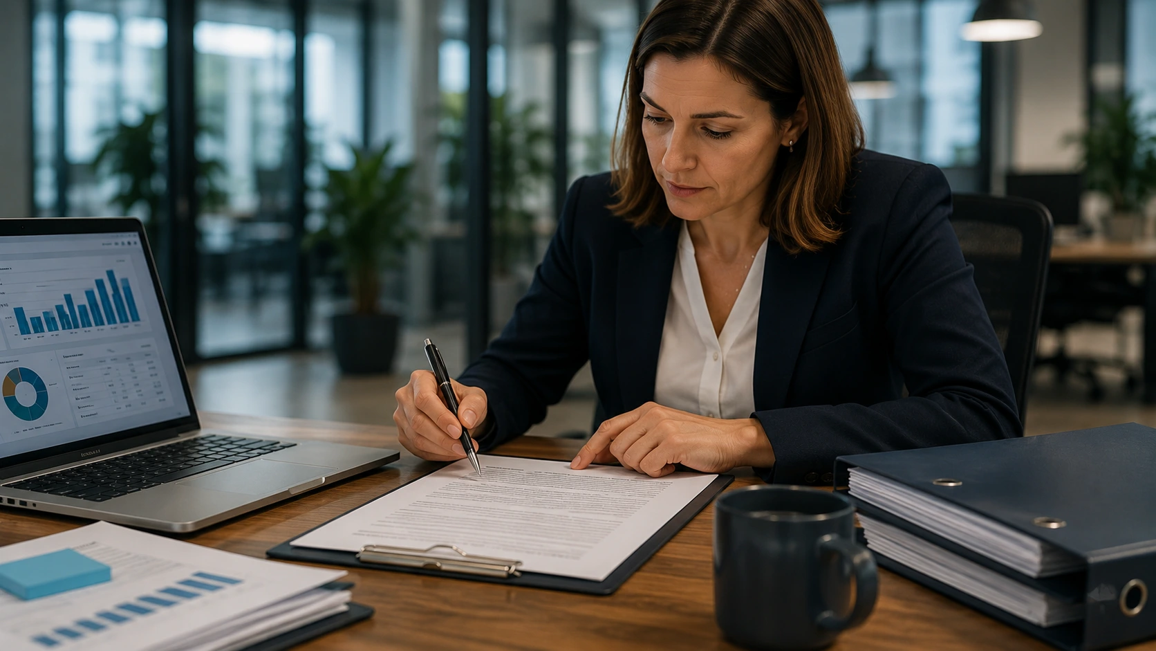 Business professional reviewing recruitment and commercial records.