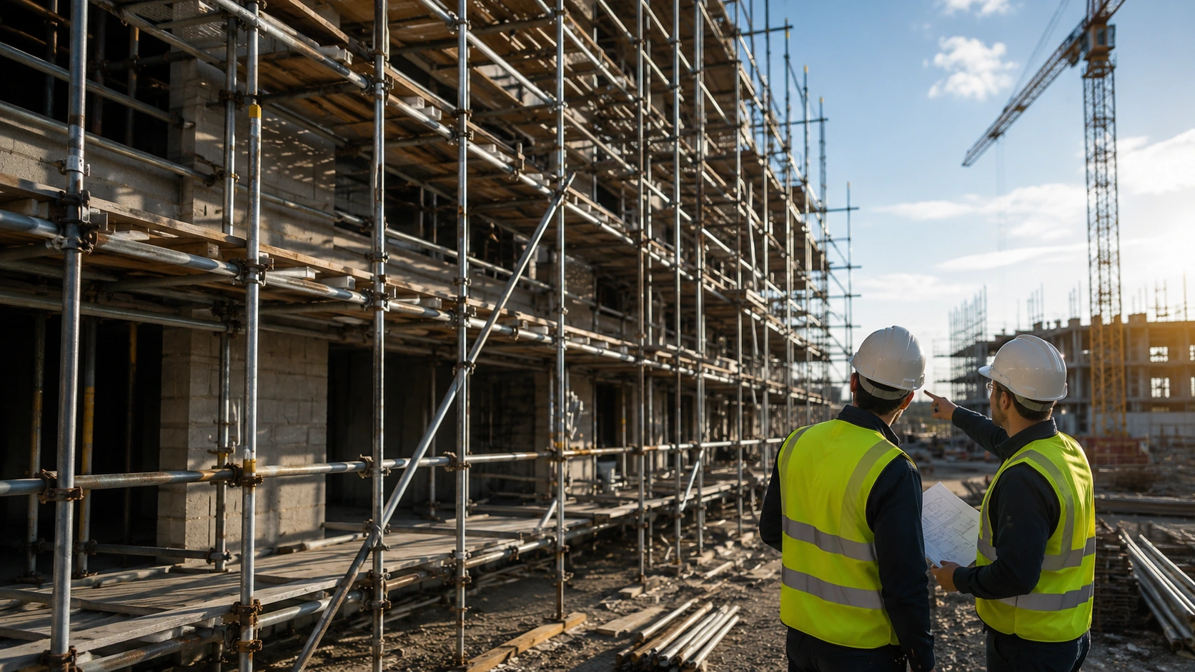 Scaffolding installed around an active construction project.