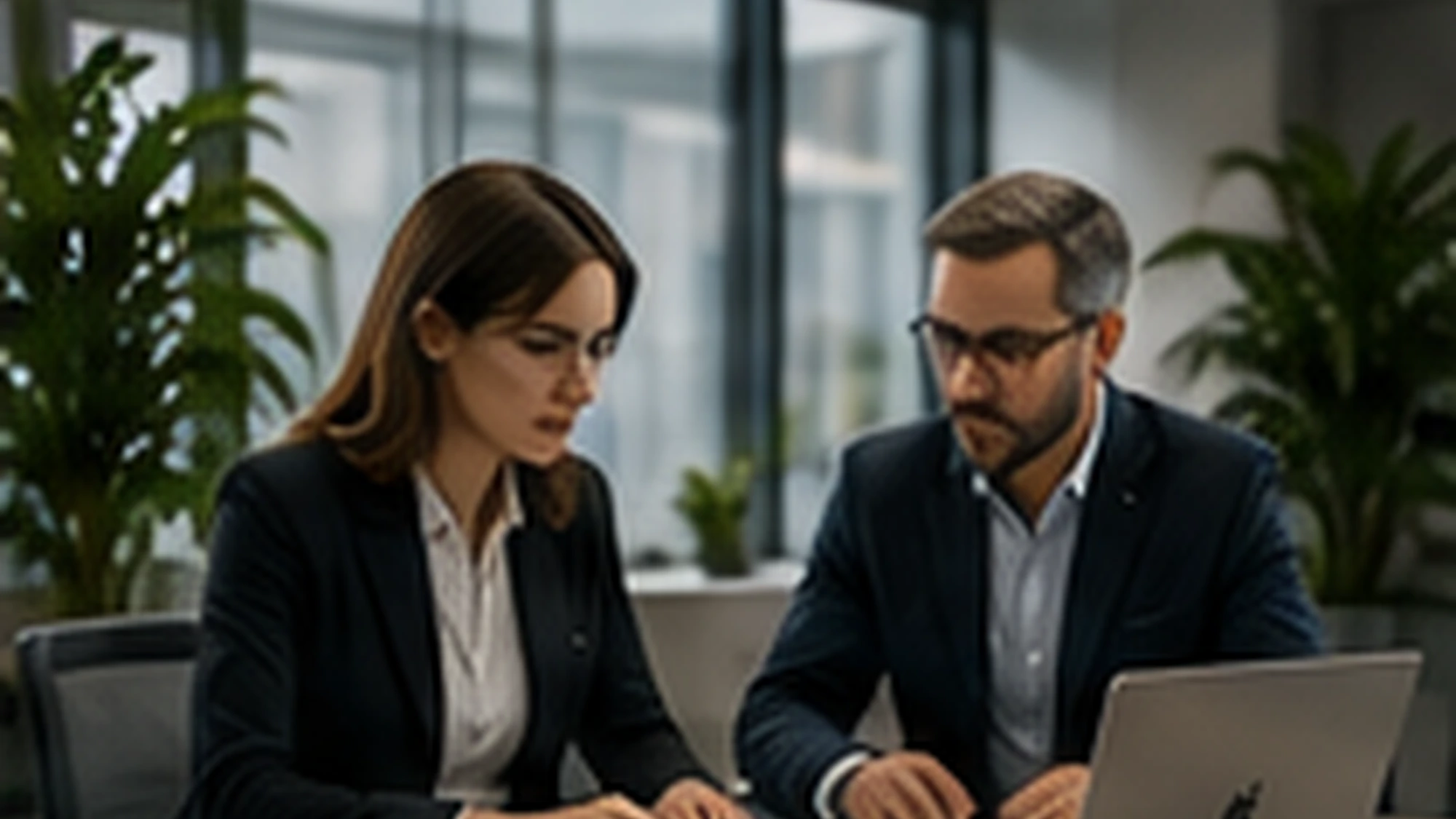 Two professionals reviewing information on a laptop in a modern office.