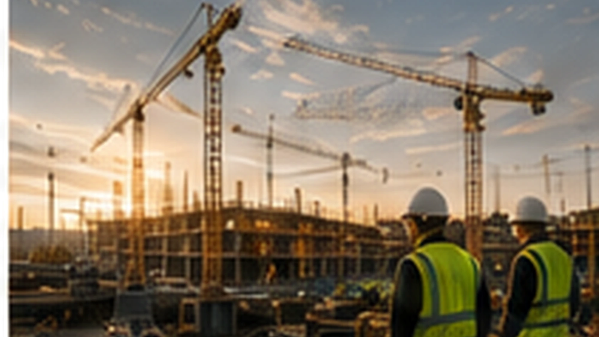 Construction workers overlooking a civil engineering project with tower cranes.