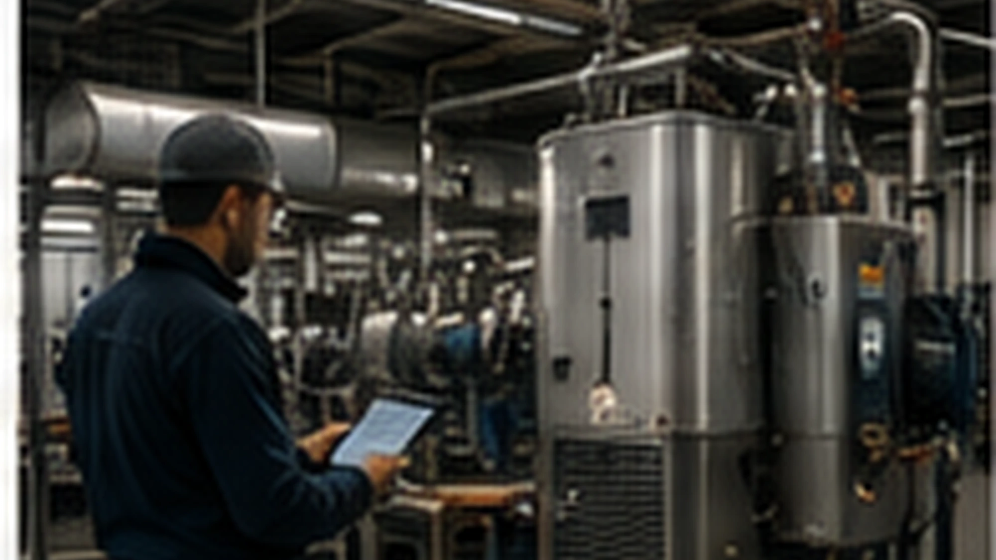 Engineer reviewing plant-room equipment on a tablet.