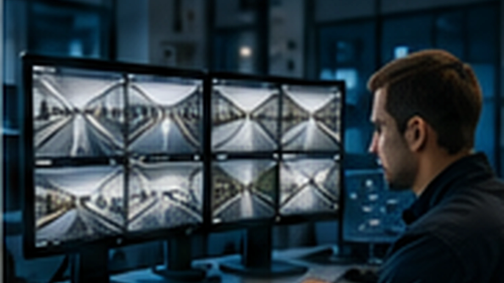 Security operator monitoring multiple CCTV camera feeds.