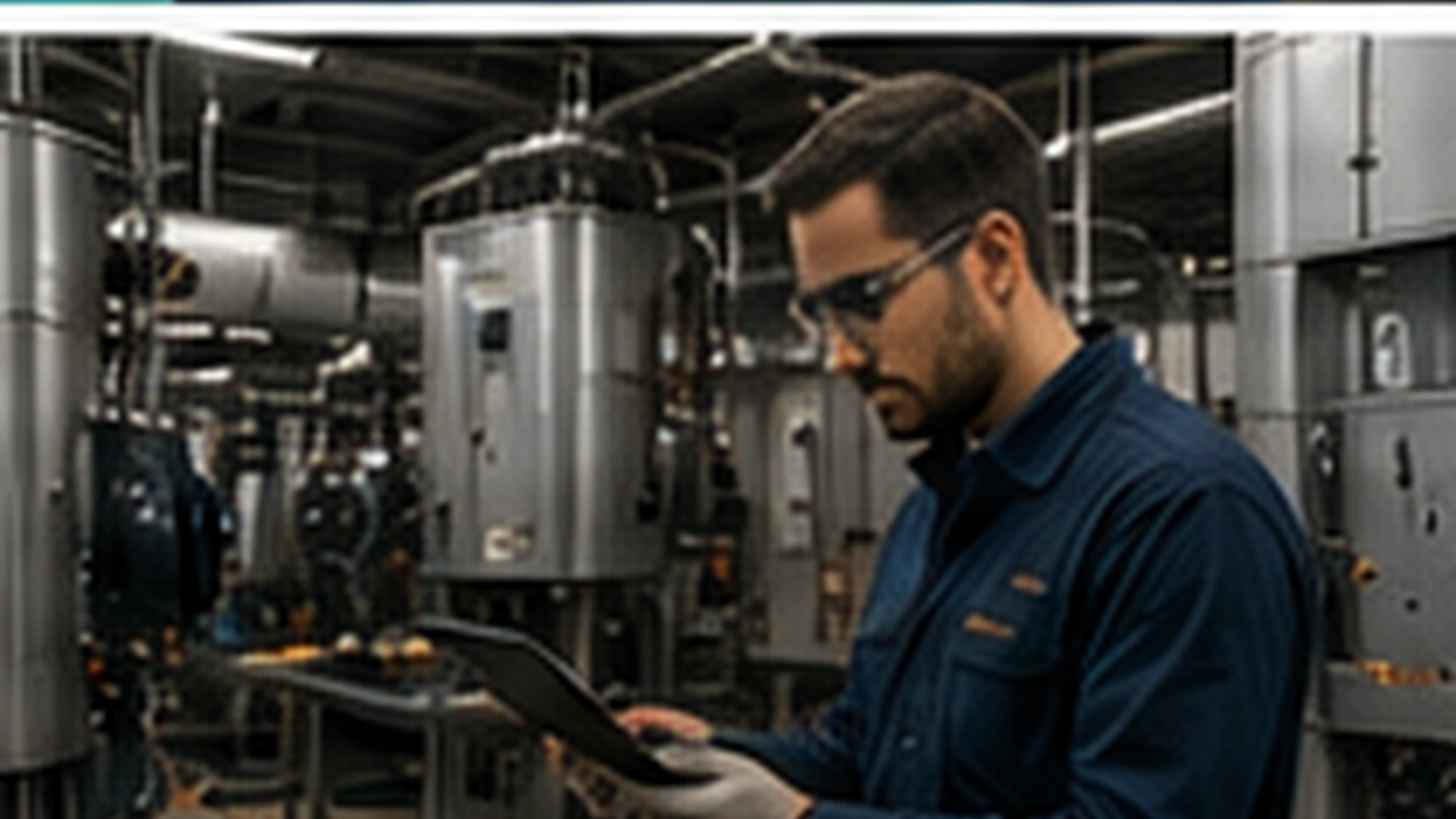 Engineer using a tablet beside manufacturing equipment.