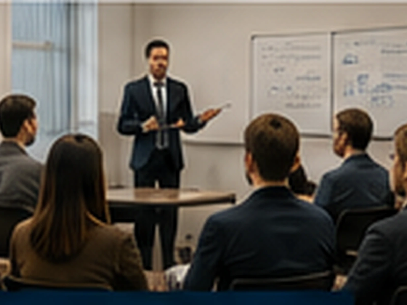 Trainer presenting to a group in a meeting room.