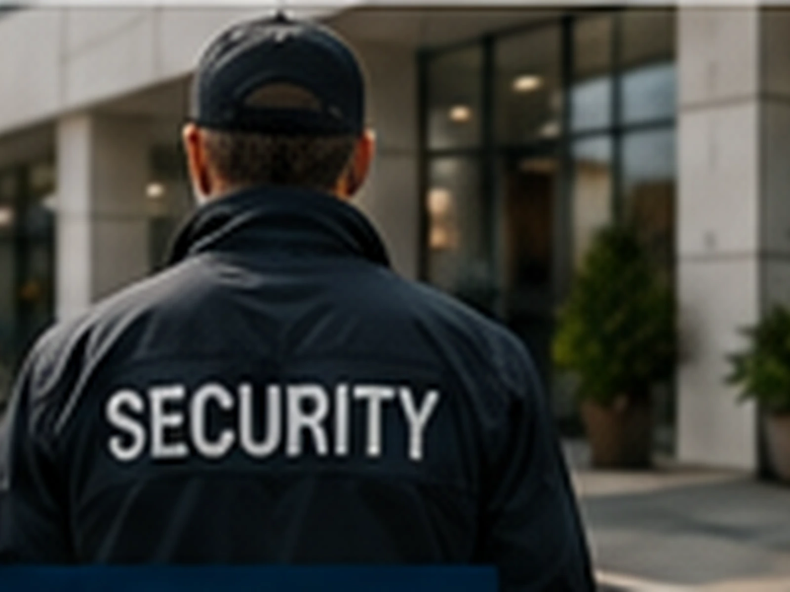 Security officer outside commercial premises.