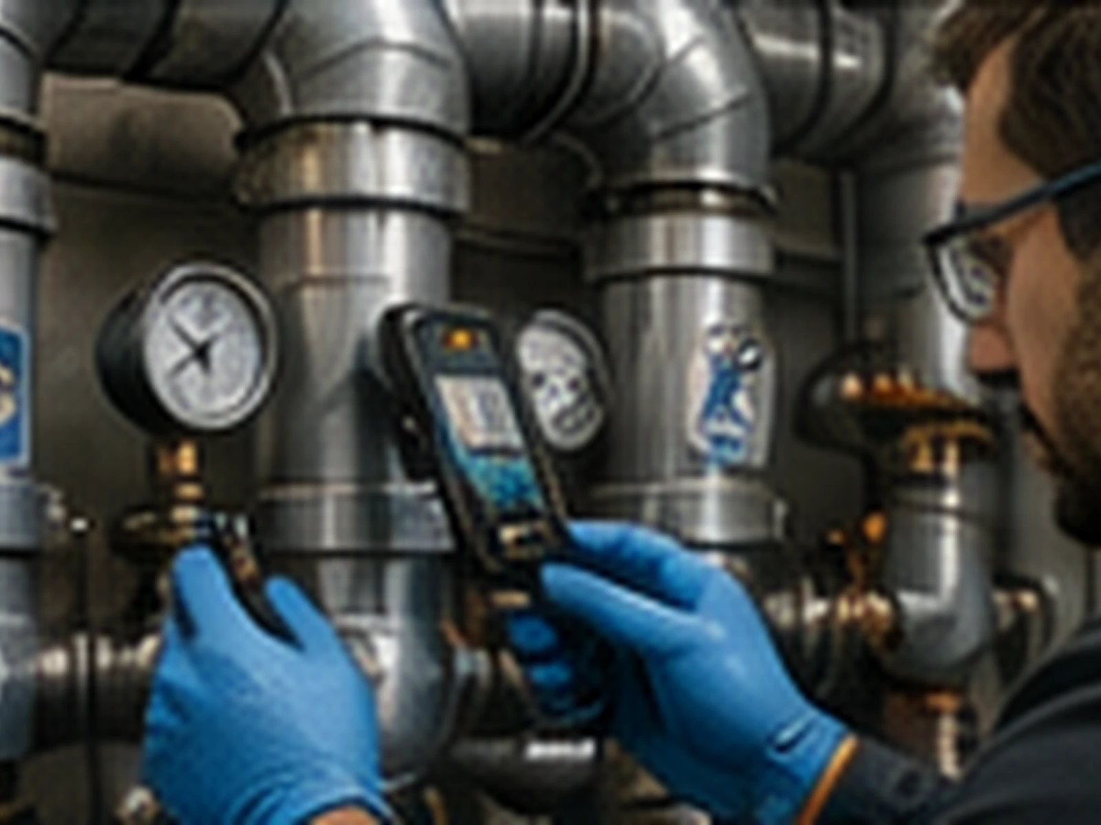 Engineer checking valves and pipework in a managed plant room.