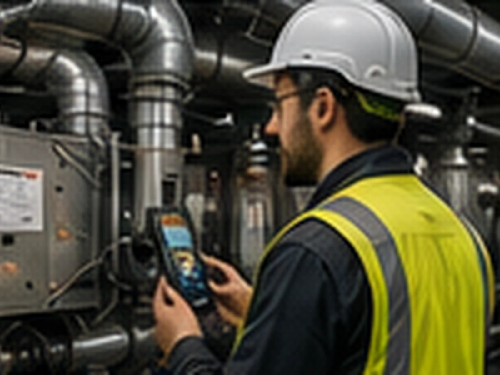 Engineer inspecting local exhaust ventilation with a test instrument.