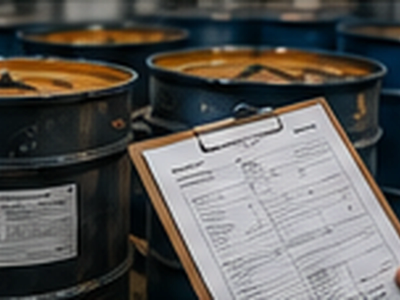 Used oil containers and checklist prepared for a rebate review.