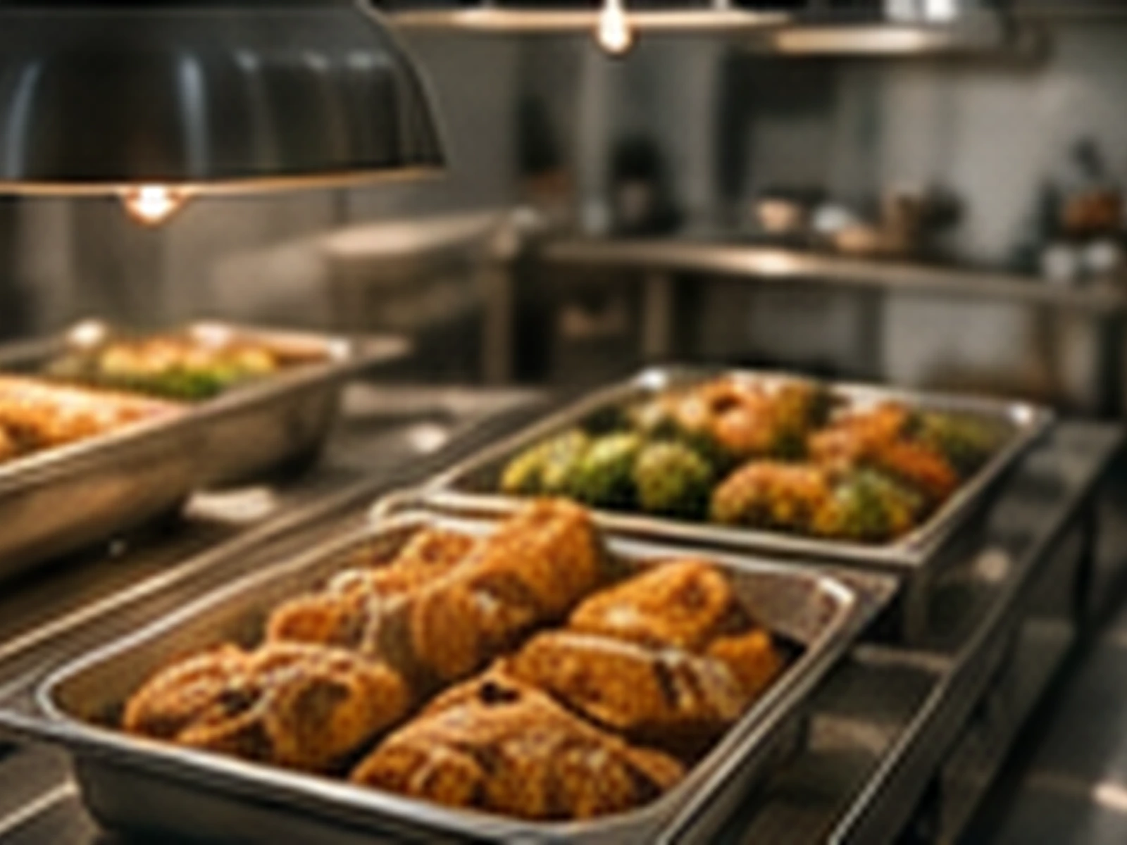 Prepared food trays in a commercial catering kitchen.